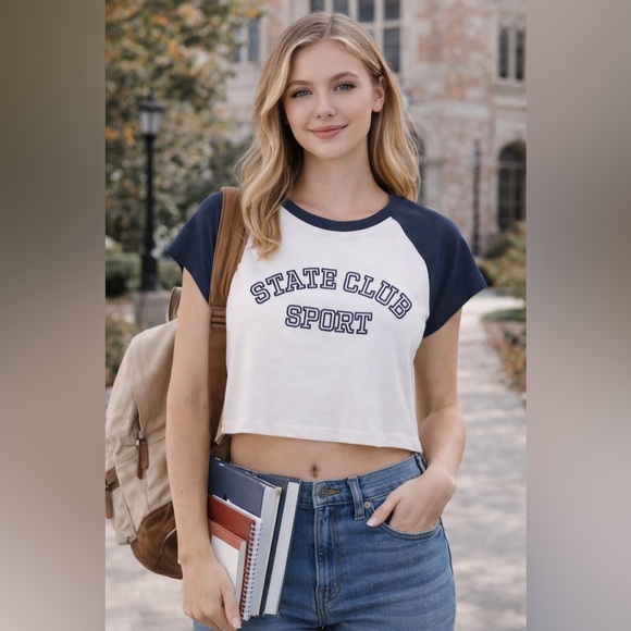 Divided Tops - Divided By H&M Navy & White Cropped Tee State Club Sport  Size XS